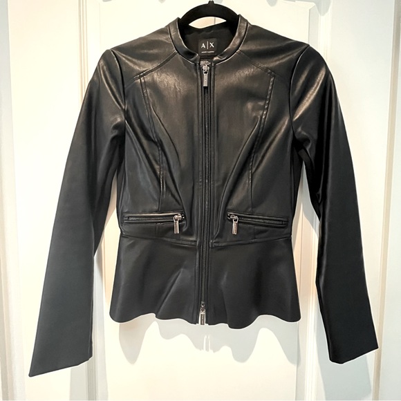 Armani Exchange Black Faux Leather Peplum Jacket Size XS - Picture 7 of 15